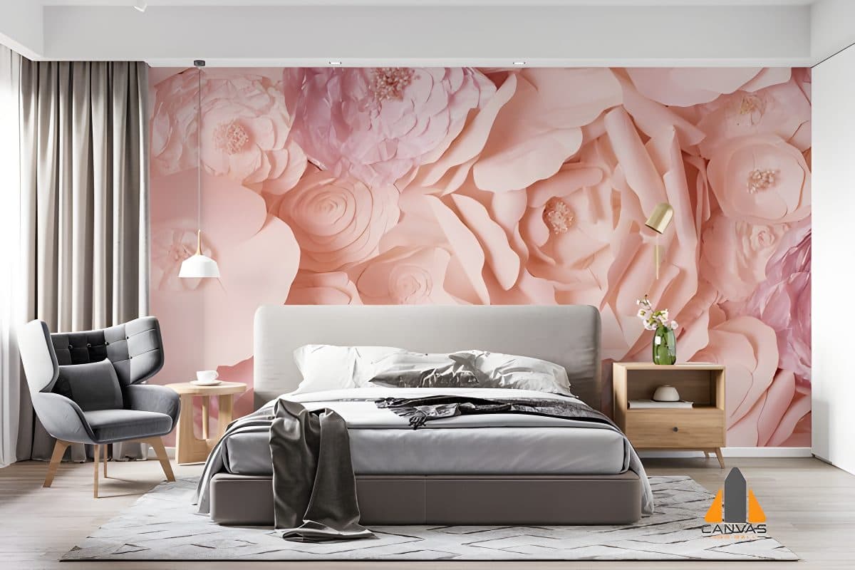 Pink paper flowers wall mural in a modern bedroom, ideal for wallpaper installations in Gauteng.