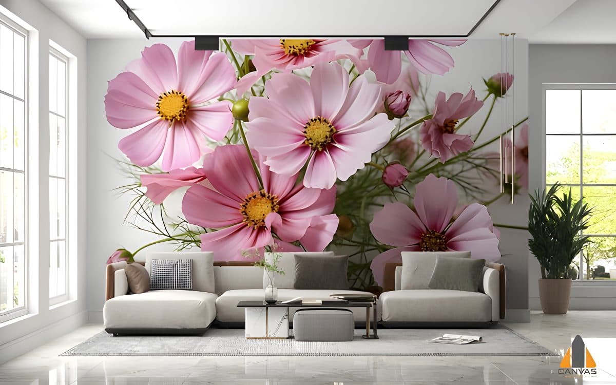 Pink cosmos flower wall mural in a modern living room, expertly installed by our team in Gauteng.