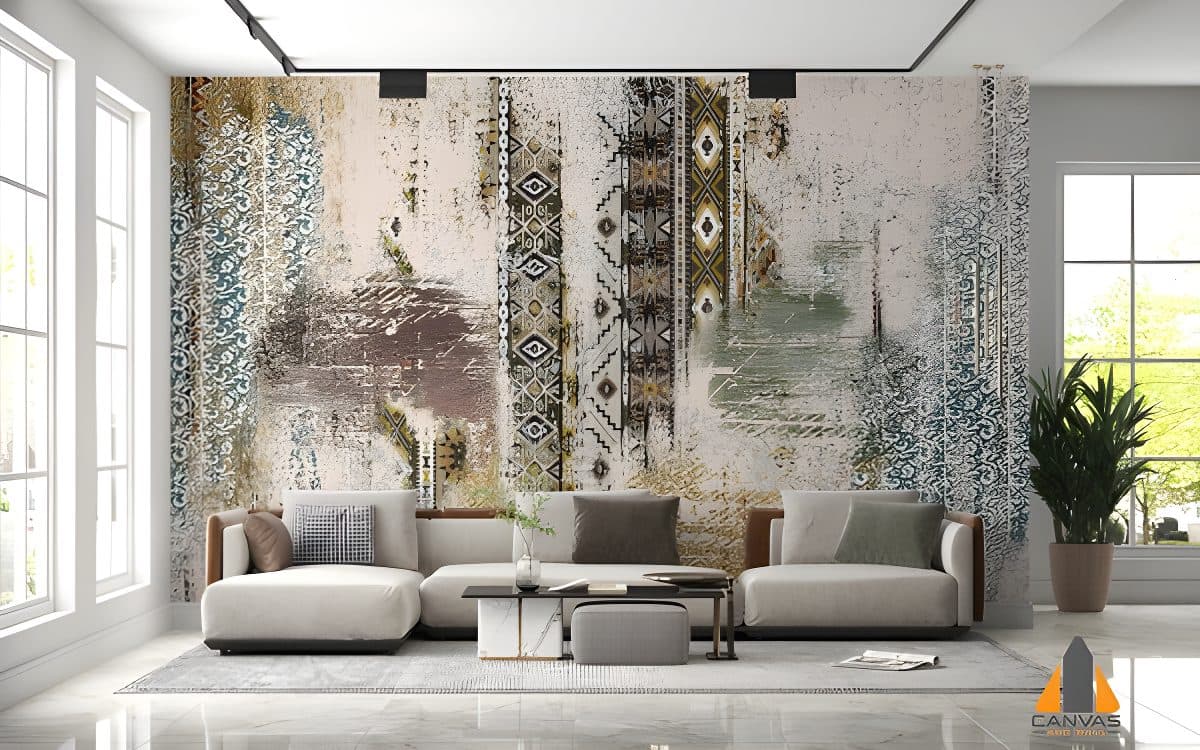 Modern living room with a distressed abstract pattern wall mural, ideal for wallpaper installations in Gauteng.