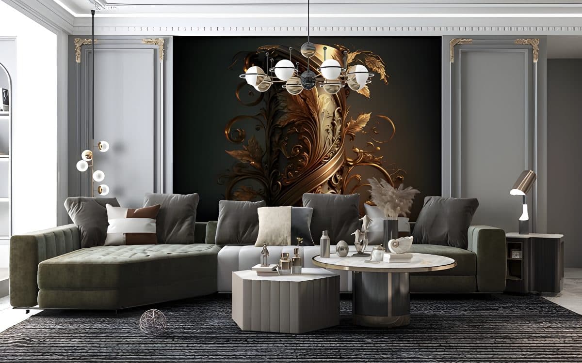 Opulent gold scroll wall mural in a modern living room, perfect for wallpaper installations in Gauteng.