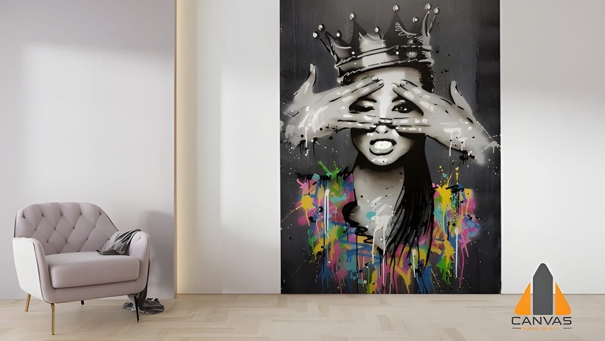 Street art woman with crown wall mural in a modern living room, perfect for wallpaper installations in Gauteng.