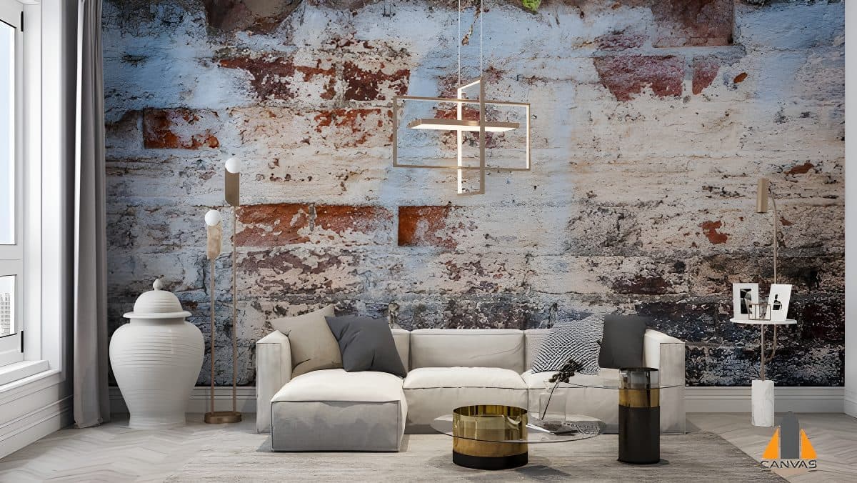 Distressed brick wall mural in a modern living room, expertly installed by our team in Gauteng.