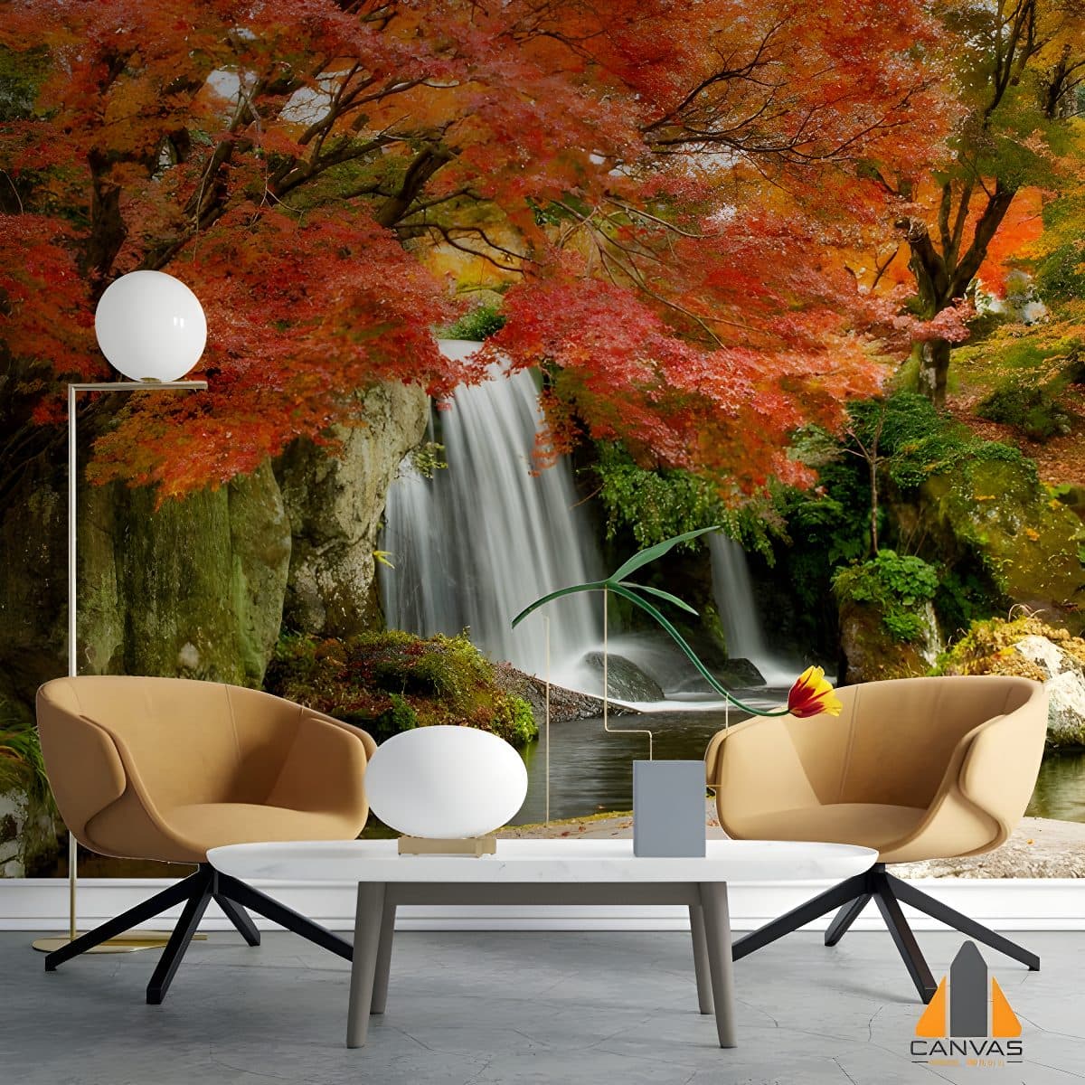 Vibrant autumn waterfall wall mural in a modern living room setting.