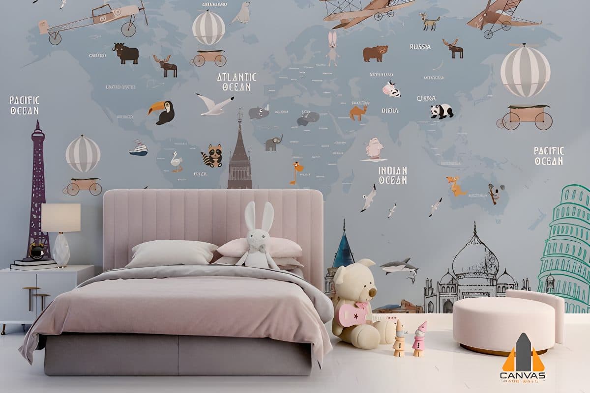Playful world map wall mural in a child's modern bedroom, enhancing the space with custom wallpaper.