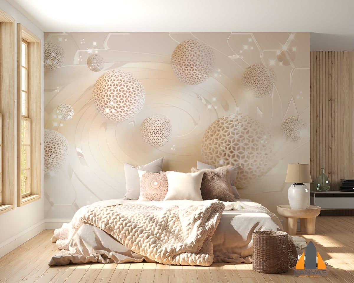 Bedroom featuring a 3D abstract sphere wall mural, creating depth and a modern feel.