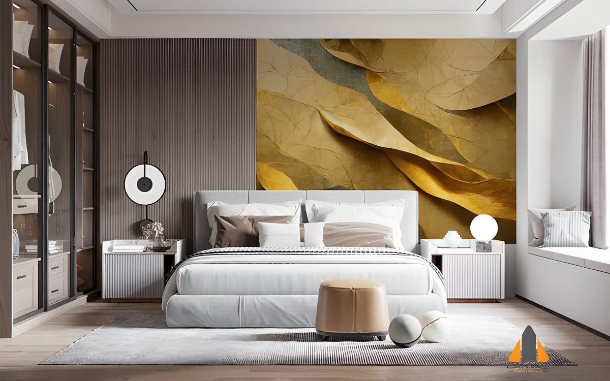 Bedroom with a gold abstract leaf wallpaper installation, offering wallpaper installations in Gauteng.