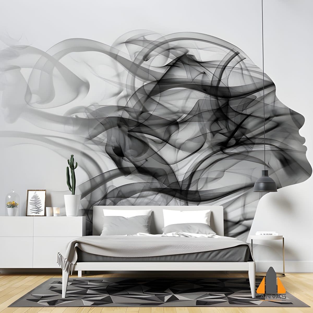 Abstract smoke human profile wall mural in a modern bedroom, showcasing unique custom wallpaper.