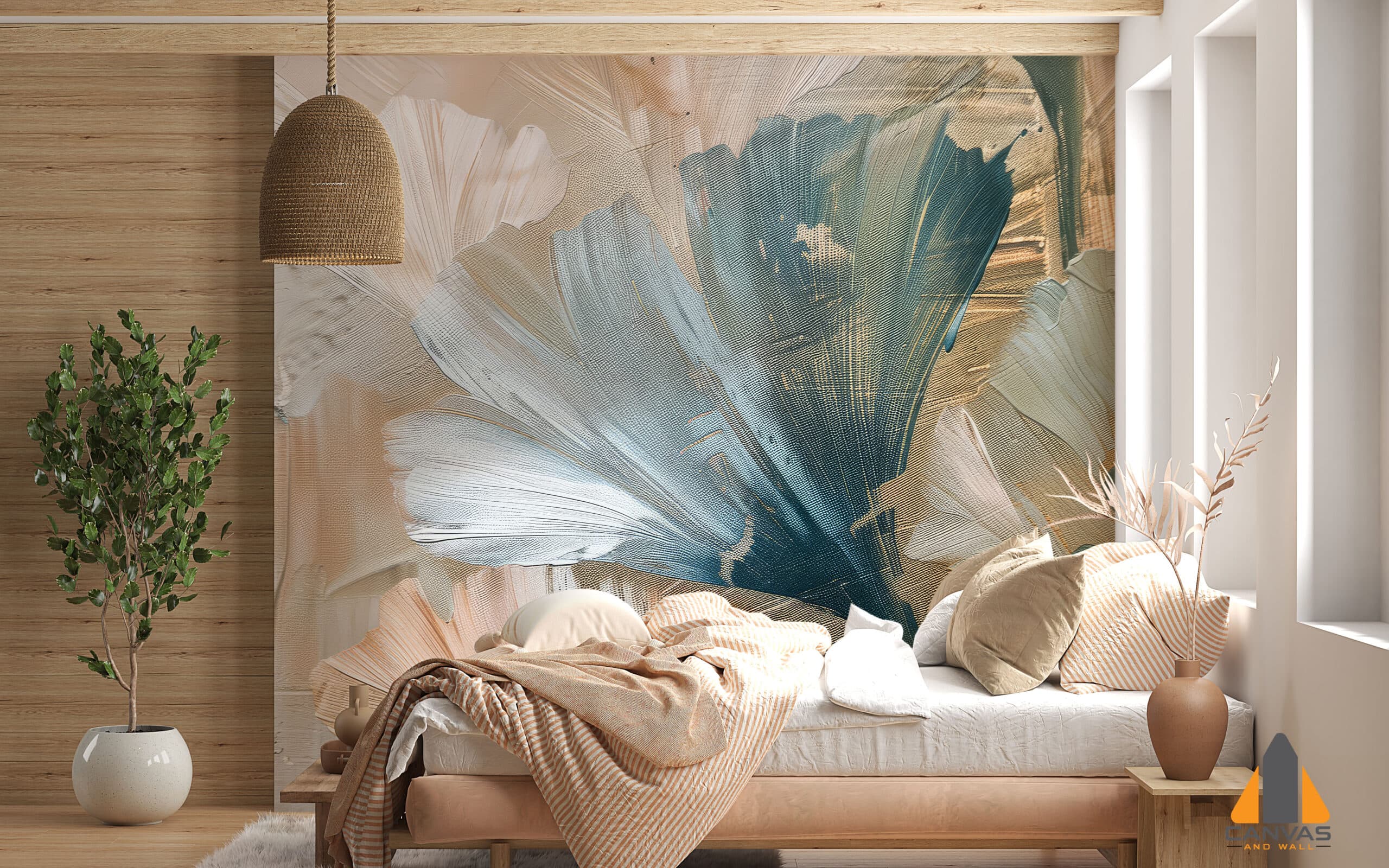 Bedroom with a large abstract floral wall mural in orange, gray, and white, styled for cozy wallpaper installations.