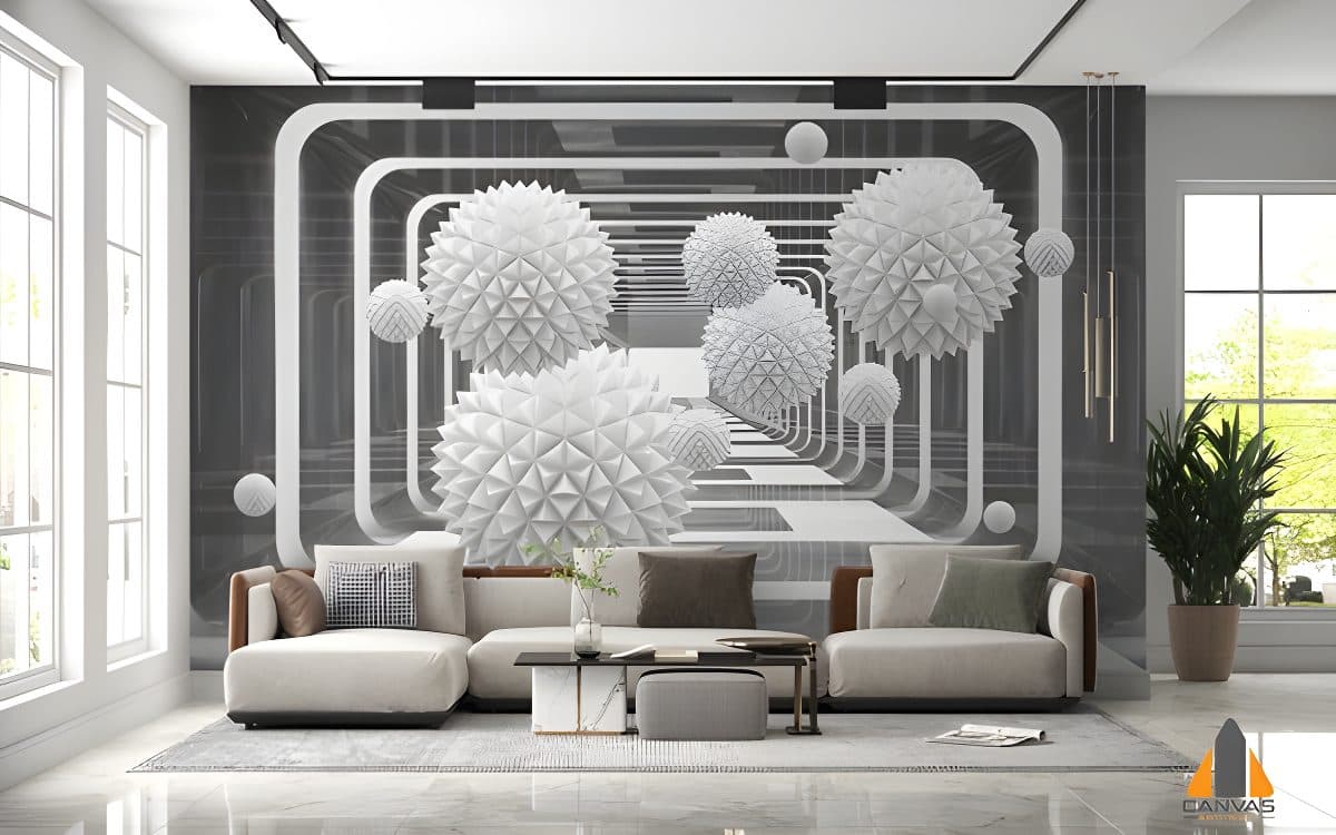 Modern minimalist living room featuring a geometric 3D spheres custom wallpaper installation.