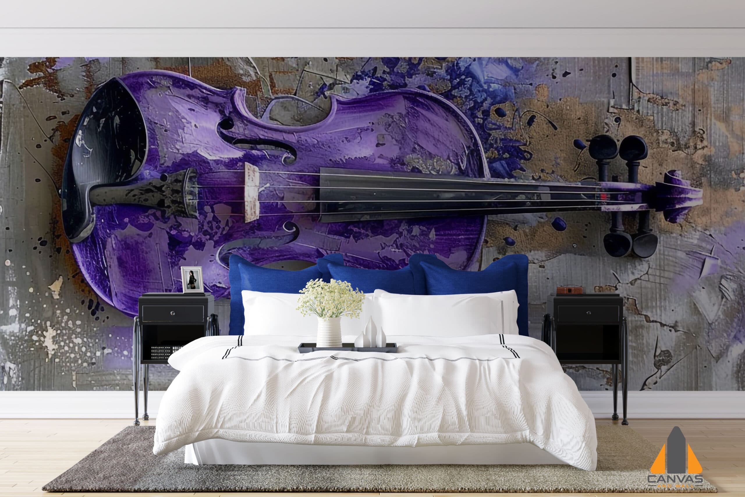 Dramatic purple violin wall mural above a bed in a modern bedroom, showcasing unique wallpaper.