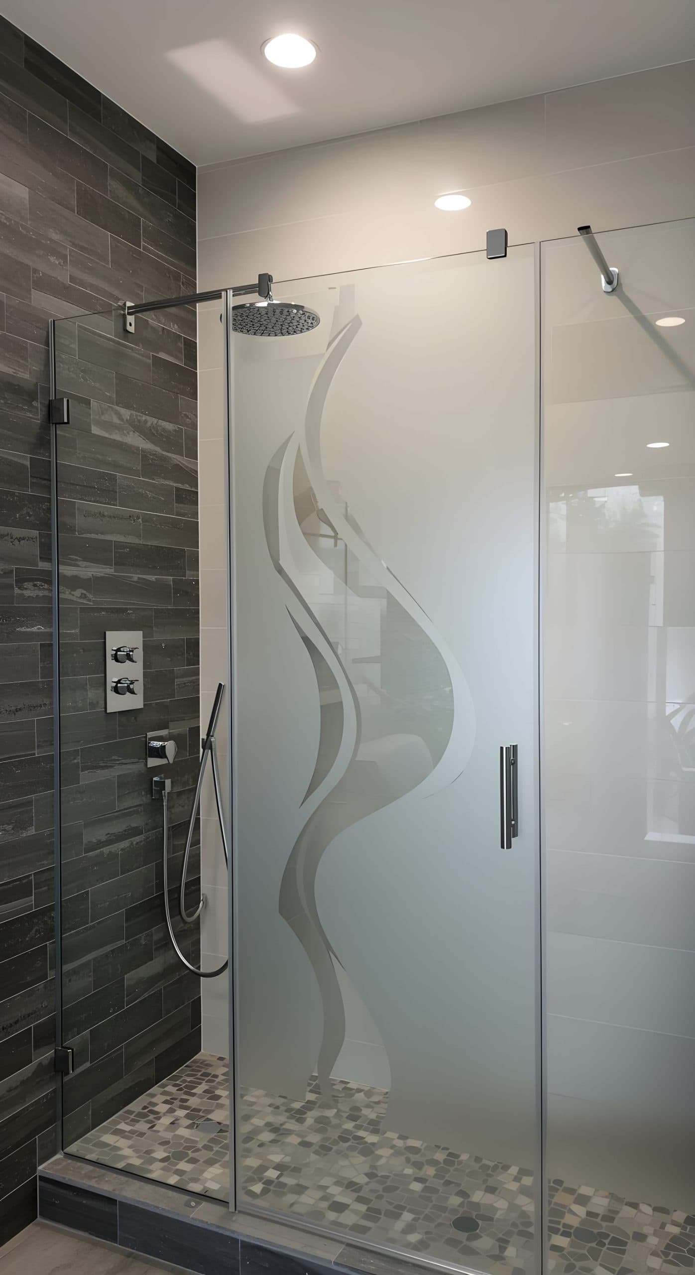 Ornate geometric privacy film with a wavy design on a glass shower door, perfect for custom wallpaper installations.