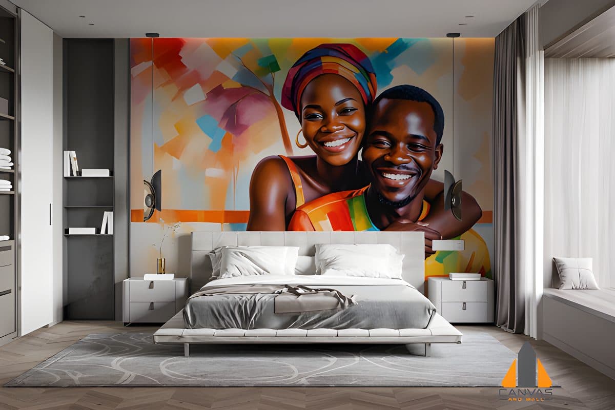 Vibrant abstract art wall mural of a smiling African couple in a modern bedroom, available for wallpaper installations Johann