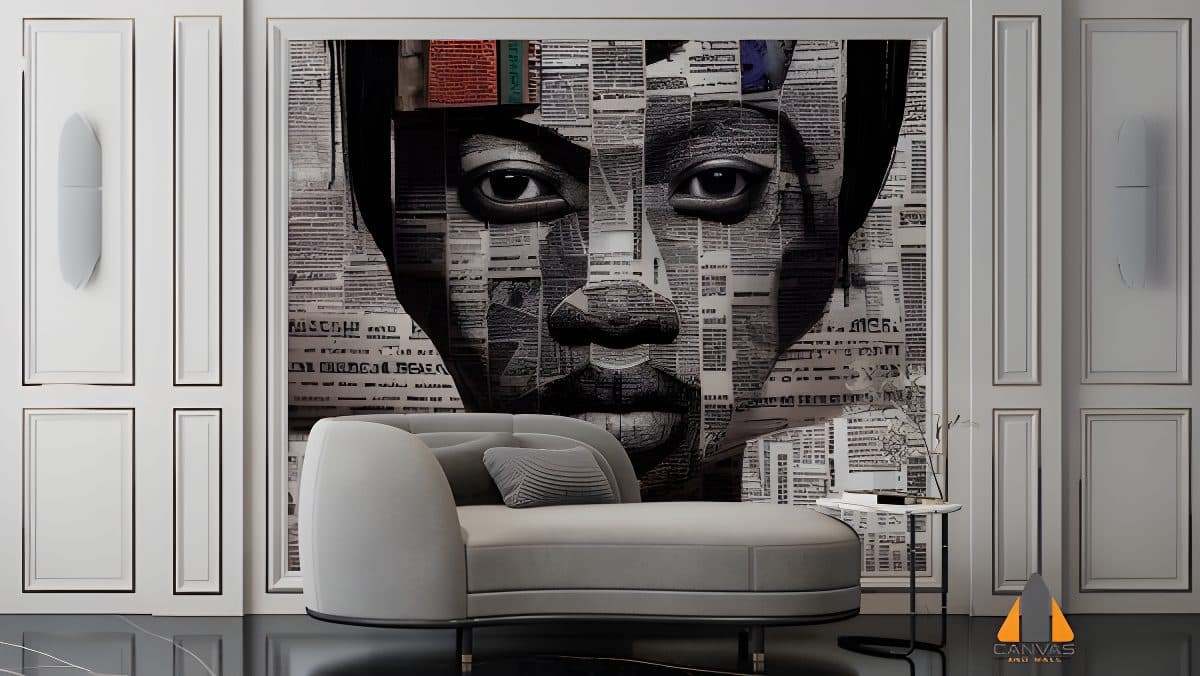 Dramatic portrait wall mural of an African American woman made from newspaper clippings, behind a grey chaise lounge.