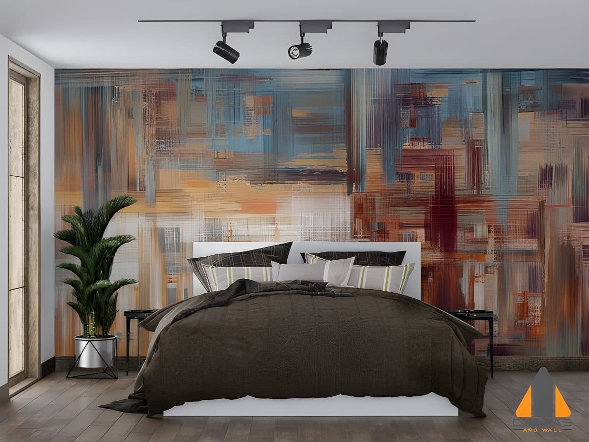 Abstract brushstroke custom wallpaper in a modern bedroom with a white bed and plant.