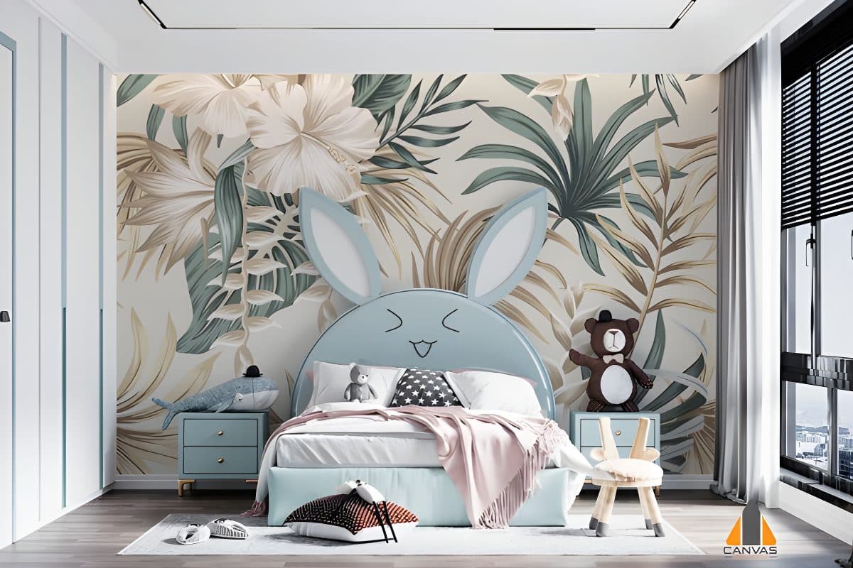 Tropical floral custom wallpaper in a child's bedroom with a bunny bed frame.