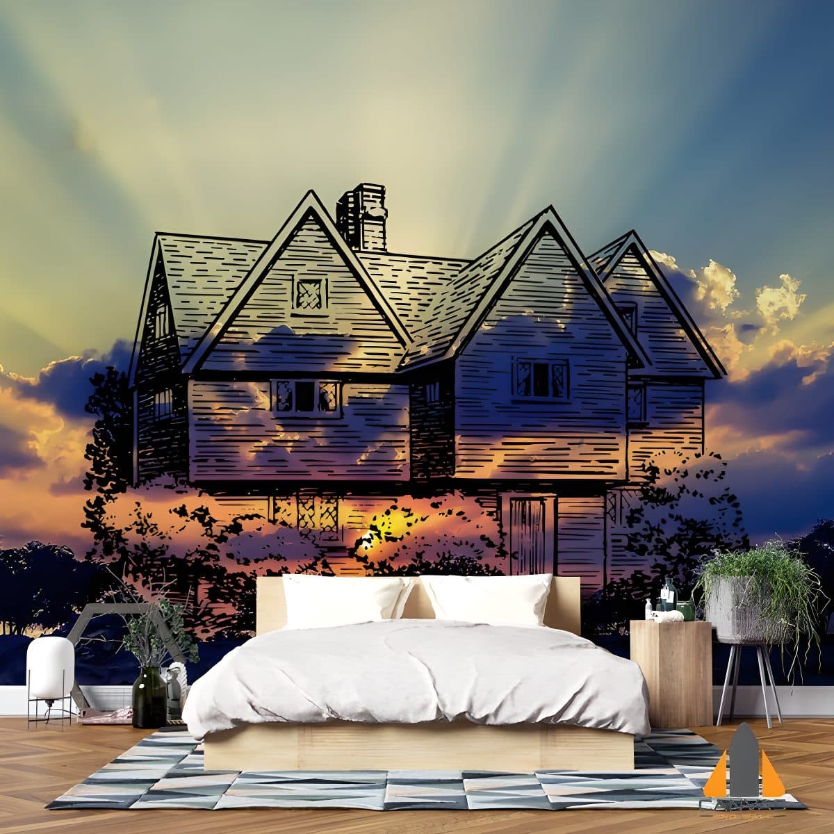 Sketch-style house with a sunset sky wall mural in a bedroom, installed in Gauteng.