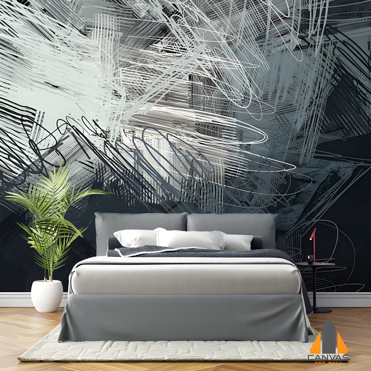 Modern abstract scribble wall mural in a bedroom with a grey bed and green plant.