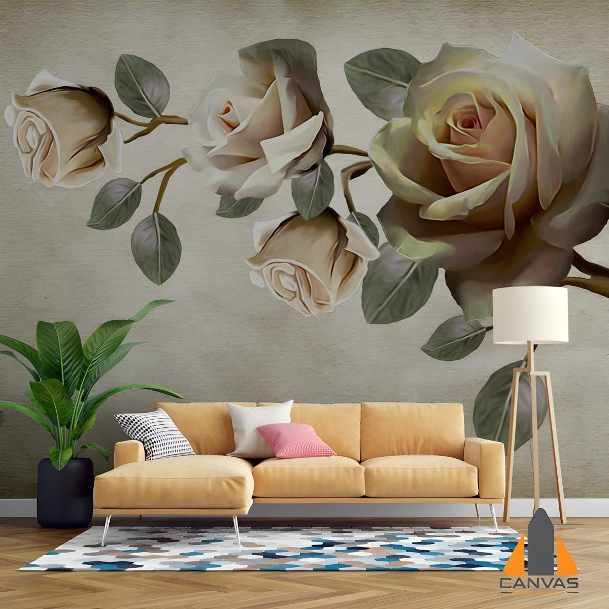 Sketched Roses wall mural in a modern living room with a yellow couch and plant, installed in Gauteng.