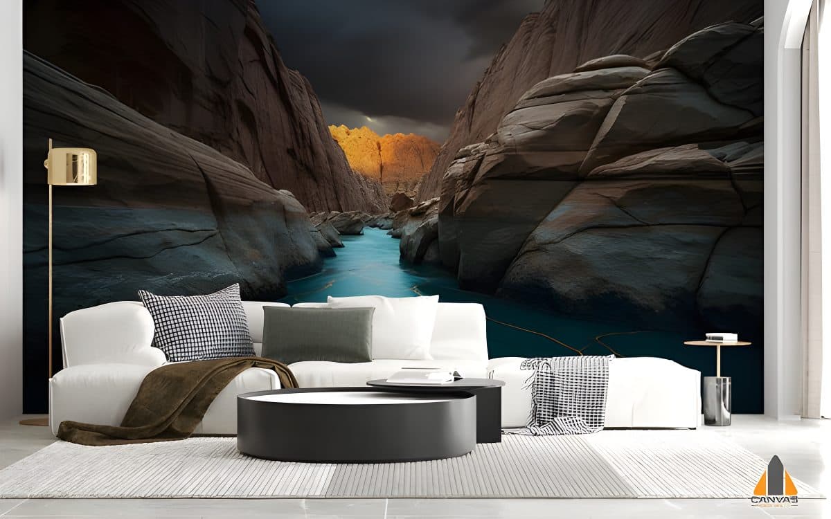 Dramatic river flowing through a canyon wall mural in a modern living room, perfect for wallpaper installations in Gauteng.