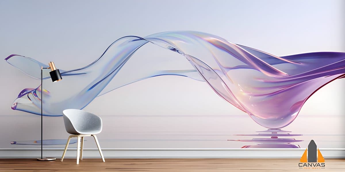 Iridescent wavy abstract wall mural in a modern living room, perfect for wallpaper installations in Gauteng.