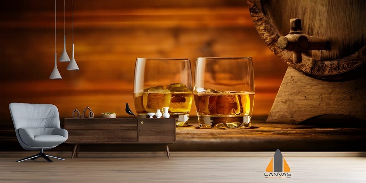 Two whiskey glasses with ice and a wooden barrel in a cozy wall mural for a modern living room.