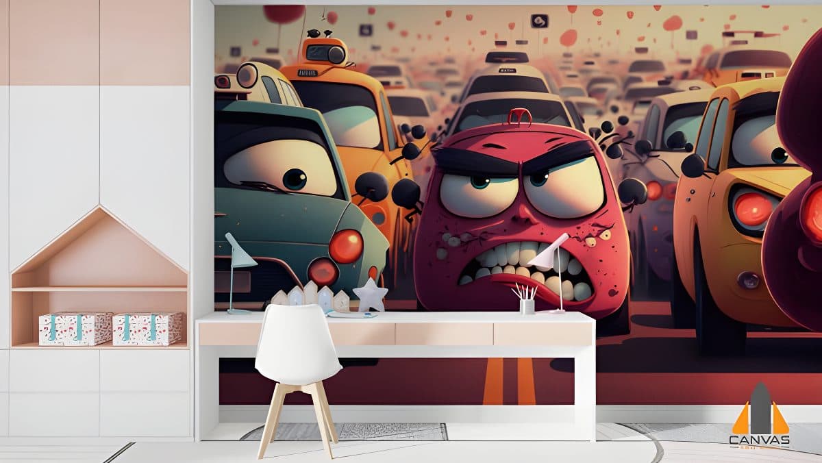 Cartoon traffic jam wall mural in a child's bedroom, perfect for wallpaper installations in Gauteng.