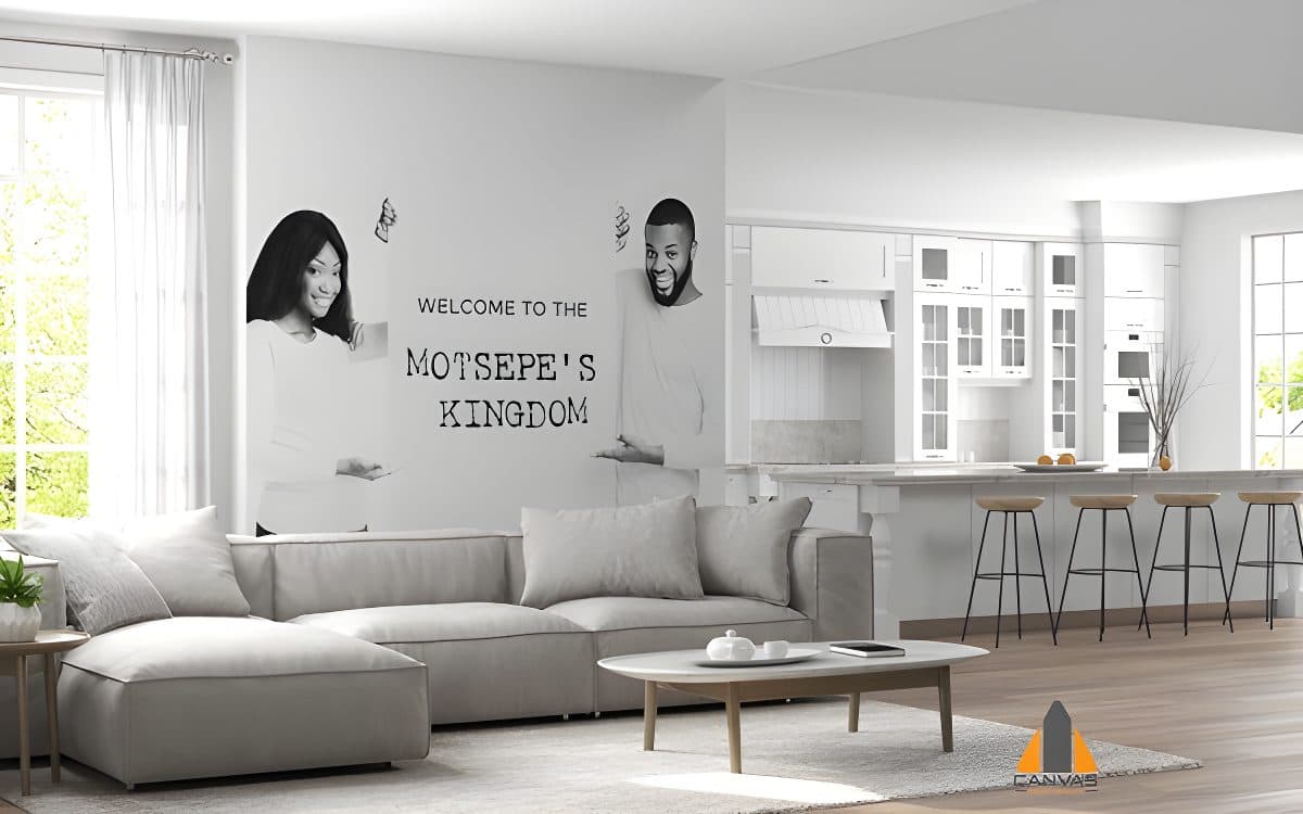 Monochrome family portrait custom wallpaper in a modern living room and kitchen.