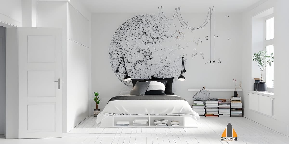 Withered Planet wall mural in a modern, minimalist white bedroom. Great for wallpaper installations in Gauteng.
