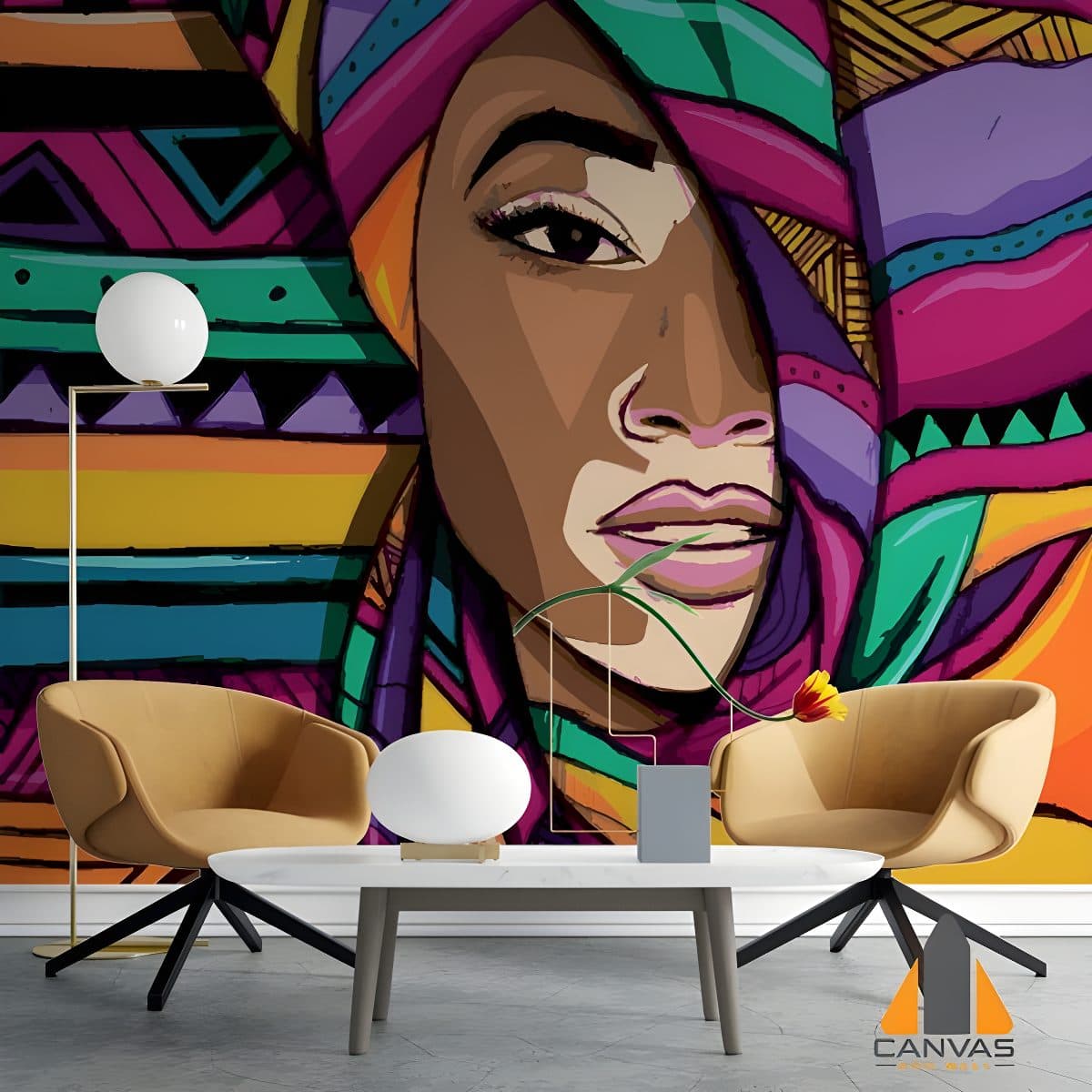 Vibrant abstract female portrait wall mural in a modern living room setting, ideal for wallpaper installations in Gauteng.