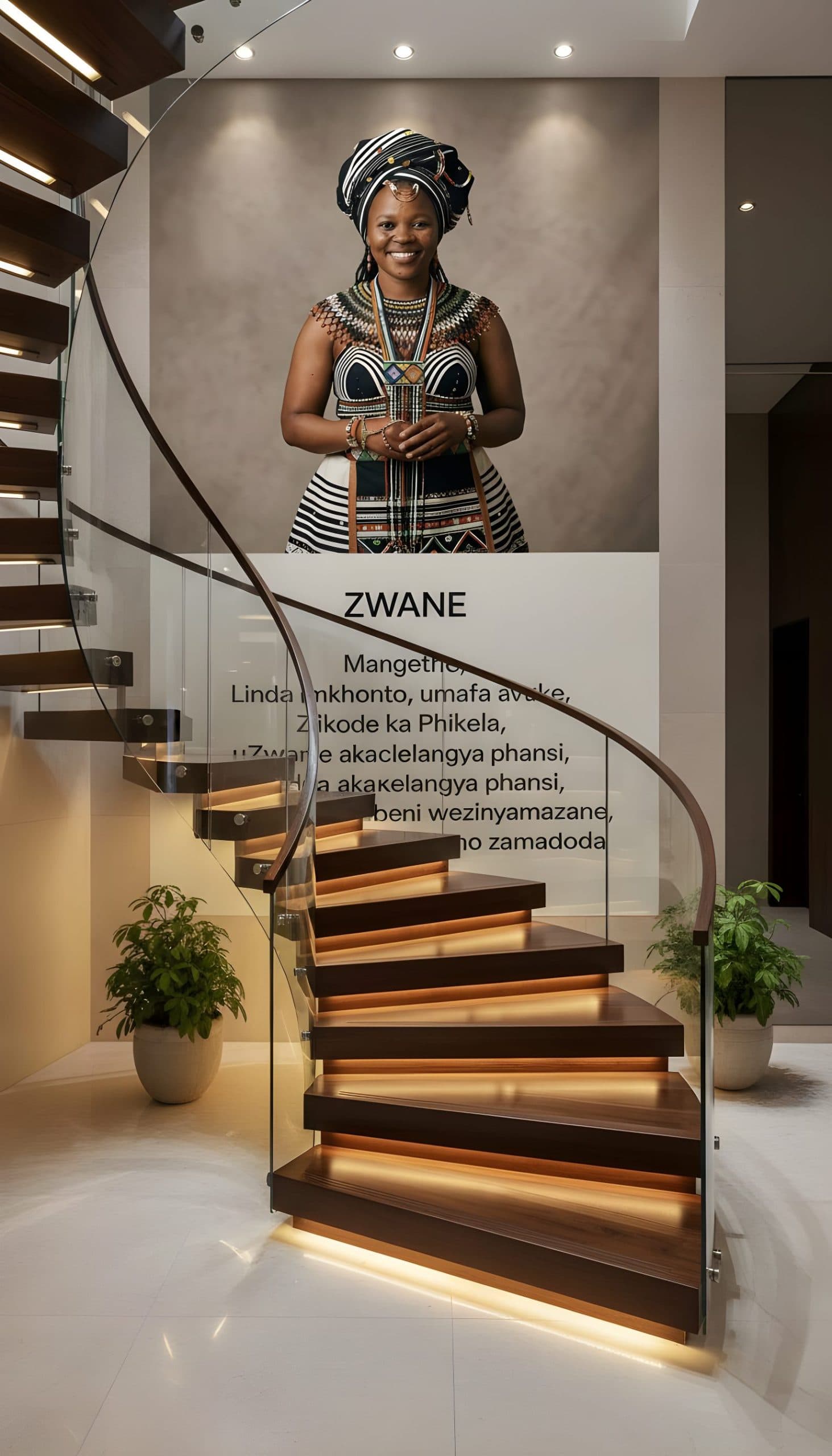 Smiling woman in traditional attire, portrait wall mural beside a winding staircase.
