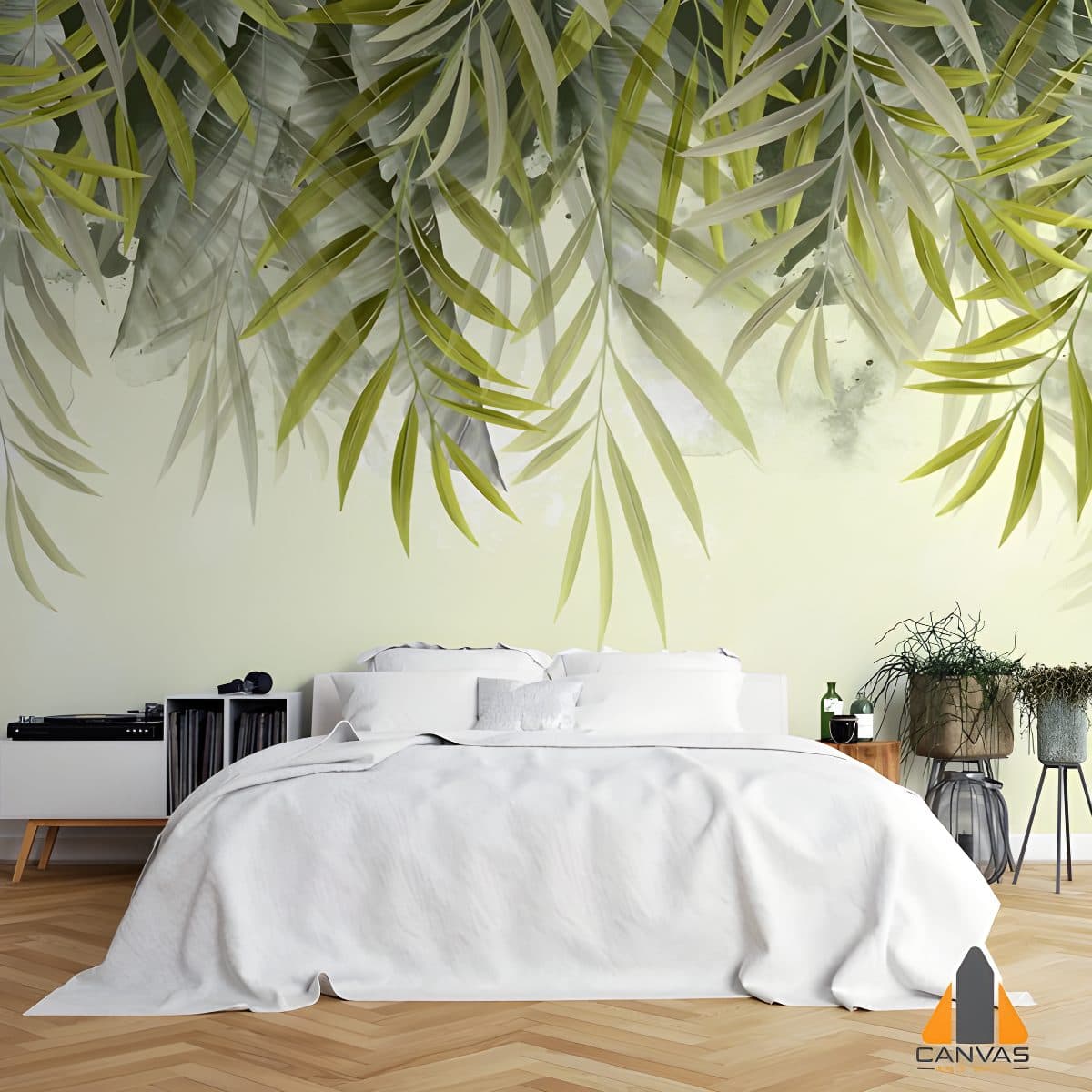 Bedroom with a tropical leaf wall mural above the bed, showcasing wallpaper installations in Gauteng.