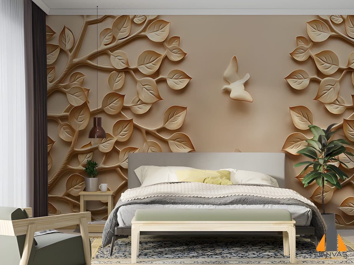 Bedroom with a 3D leaf and bird wall mural adding texture behind the bed. We do custom wallpaper.