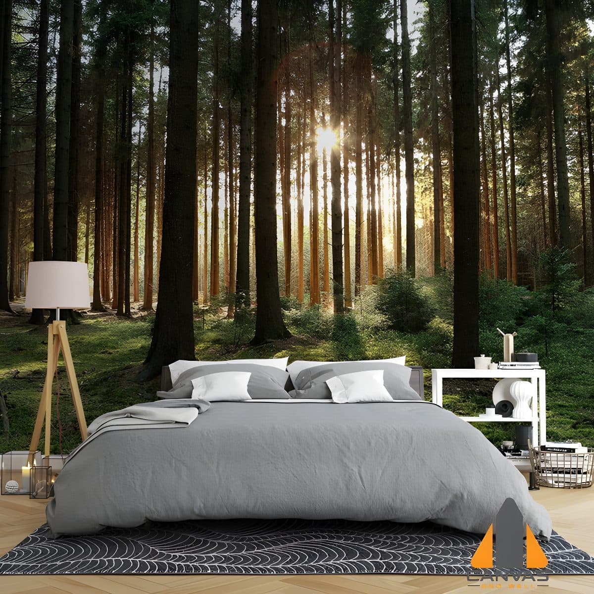 Wooded forest scene wall mural with golden sunlight in a peaceful bedroom.
