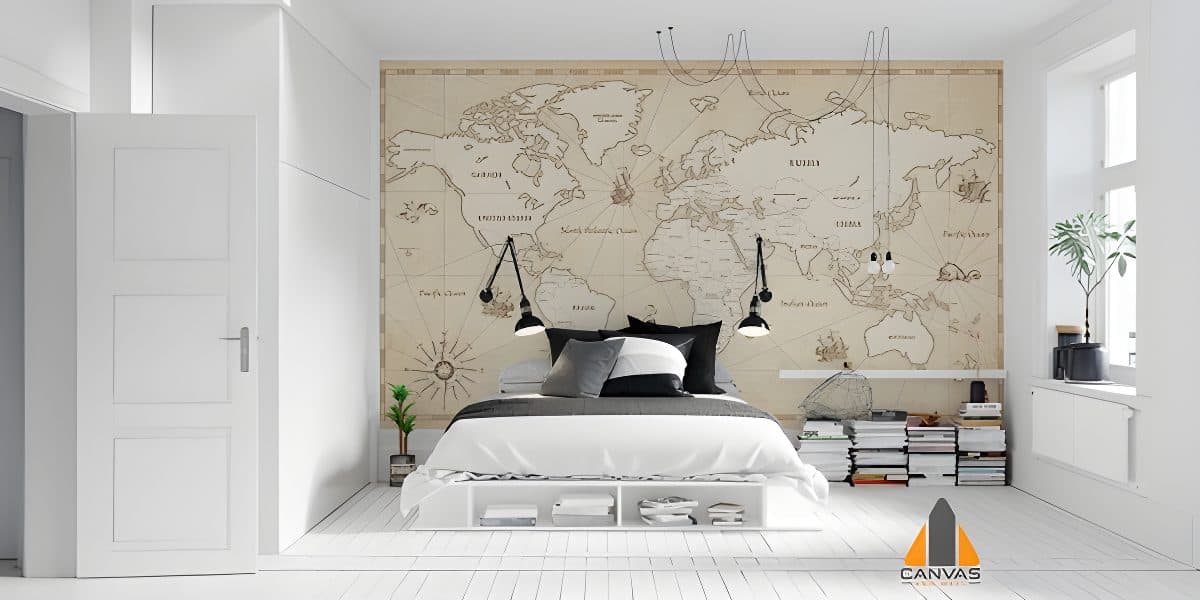 Vintage world map wall mural in a bright bedroom, ideal for wallpaper installations in Gauteng.