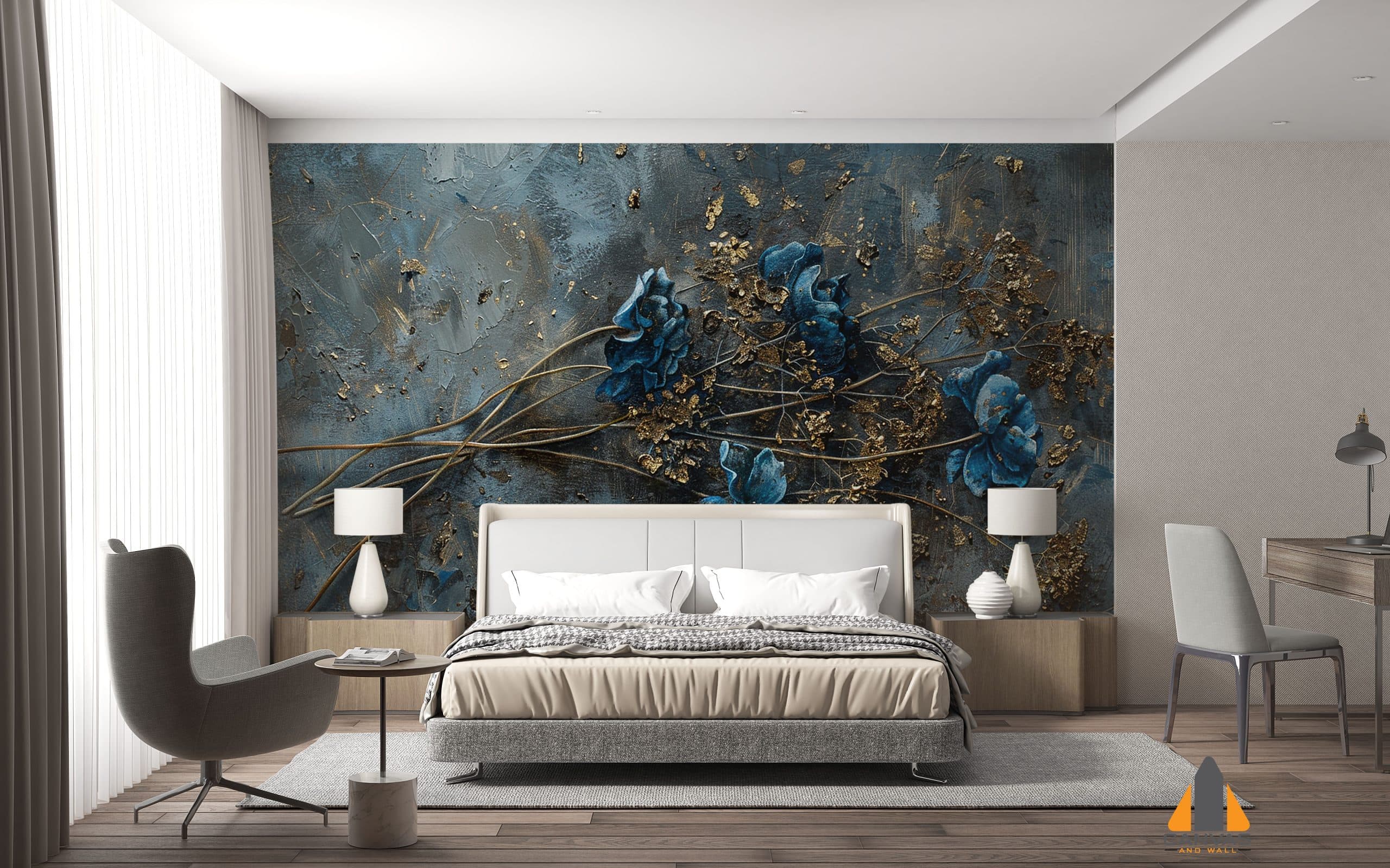 Blue floral wall mural in a modern bedroom, with custom wallpaper installations available.