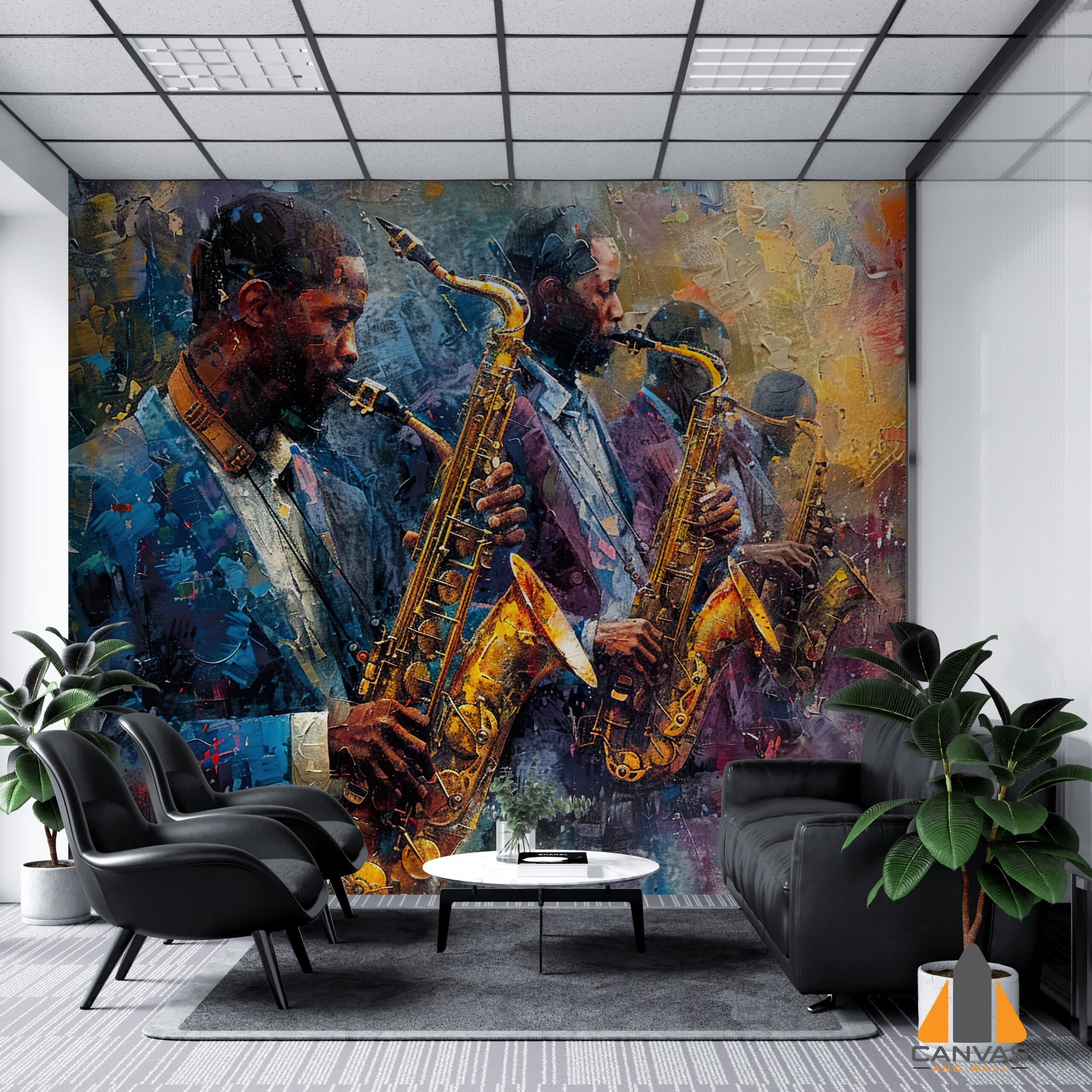 Painting of men playing saxophones as a wall mural in a modern office, suitable for wallpaper installations in Gauteng.
