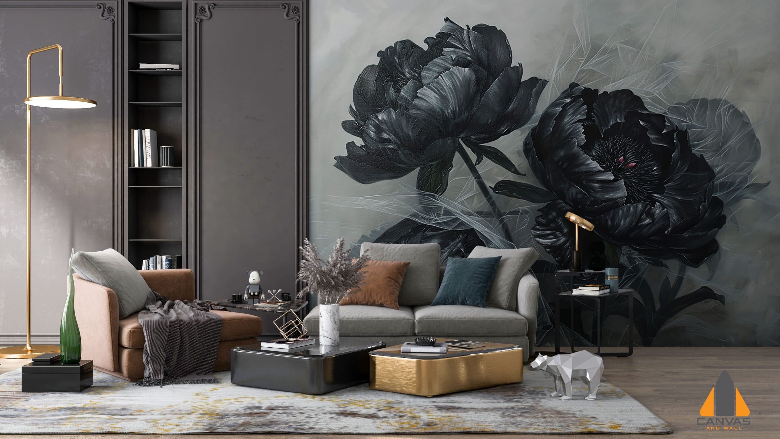 Dramatic black rose wall mural in a modern living room with dark shelving.