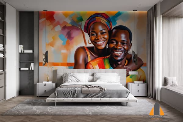 Vibrant abstract art wall mural of a smiling African couple in a modern bedroom, available for wallpaper installations Johann
