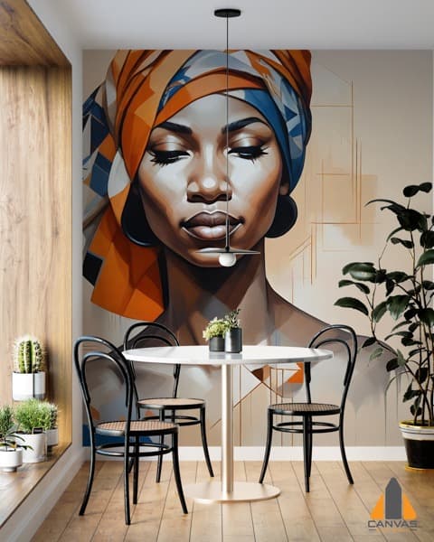 Oil painting wall mural of a woman in a headwrap in an elegant dining area, perfect for wallpaper installations in Gauteng.