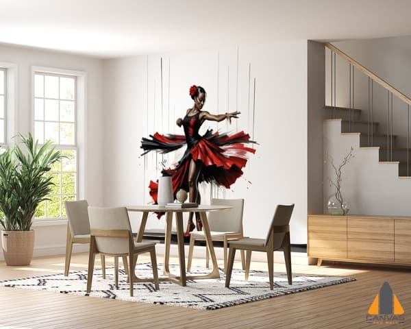Vibrant oil painting wall mural of a Black flamenco dancer in a dining room, perfect for wallpaper installations in Gauteng.