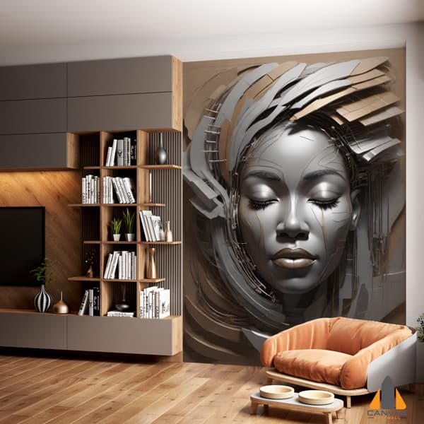 A gold and silver 3D art woman's face wall mural in a modern living room setting.