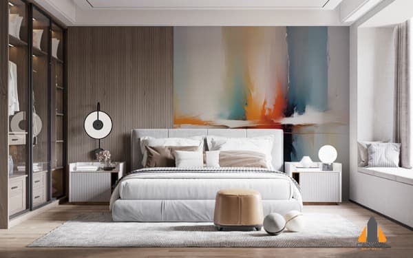 Vibrant abstract wall mural in a modern bedroom with a large bed and wardrobe, available for wallpaper installations in Gaute