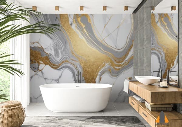Gold and gray marble wallpaper in a bathroom with a white tub and wooden vanity. Ideal for wallpaper installations in Gauteng