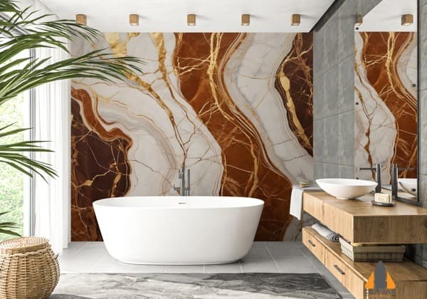 Brown and white marble wall mural with gold veins in a modern bathroom, perfect for custom wallpaper installations.