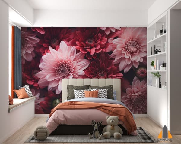 Pink and red floral wall mural in a modern bedroom with a beige headboard, ideal for wallpaper installations in Gauteng.