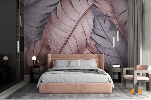 Pink and grey feather wall mural in a modern bedroom, perfect for wallpaper installations in Gauteng.