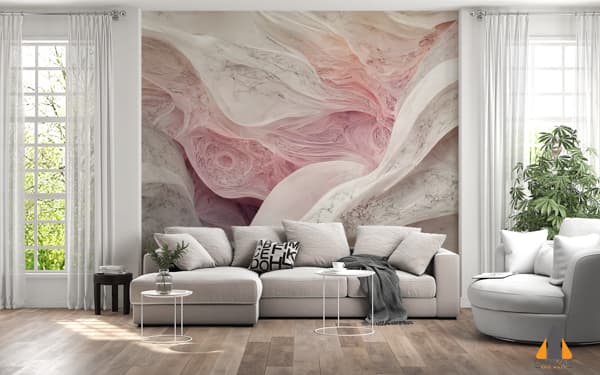 Pink marble fluid art wall mural in a modern living room, perfect for wallpaper installations in Gauteng.