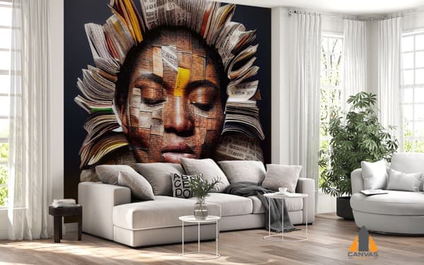 African American woman portrait wall mural in a modern living room ideal for wallpaper installations in Gauteng.