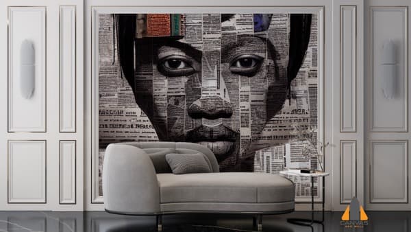 Dramatic portrait wall mural of an African American woman made from newspaper clippings, behind a grey chaise lounge.