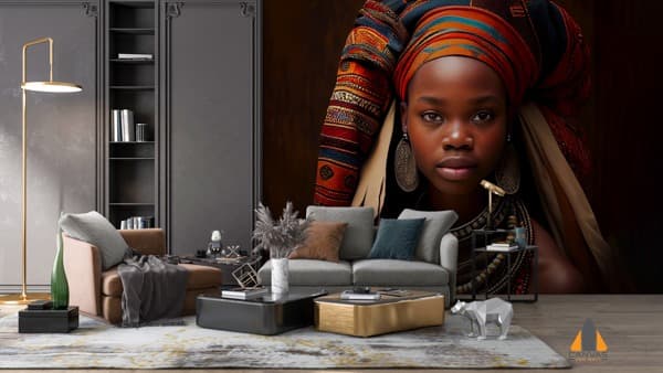 African woman with rhythmic facial features wall mural in a modern living room design.